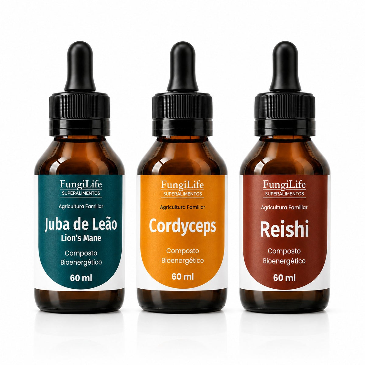 Kit Foco, Energia e Equilíbrio | Juba de Leão + Cordyceps + Reishi | Extrato Líquido 60ml